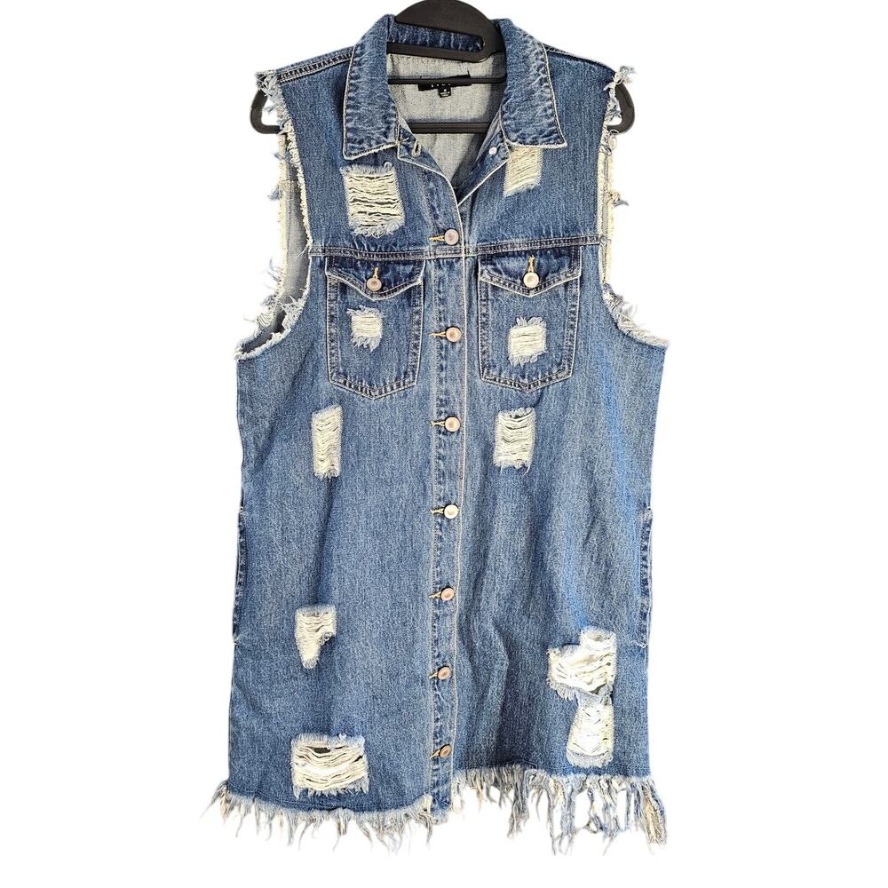 Fiore Distressed Frayed Button Up Sleeveless Denim Jean Dress Streetwear Grunge